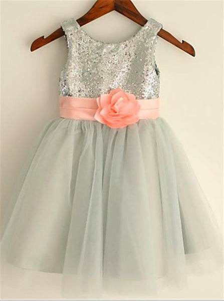 Sequin Tulle Princess Scoop Sleeveless Flower Girl Dresses Tea Length Dress