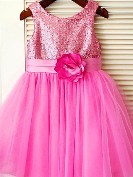 Sequin Tulle Princess Scoop Sleeveless Flower Girl Dresses Tea Length Dress