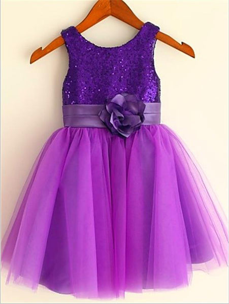 Sequin Tulle Princess Scoop Sleeveless Flower Girl Dresses Tea Length Dress