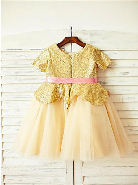 Sequin Tulle Princess Scoop Short Sleeves Flower Girl Dresses Floor Length