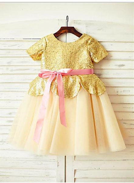 Sequin Tulle Princess Scoop Short Sleeves Flower Girl Dresses Floor Length