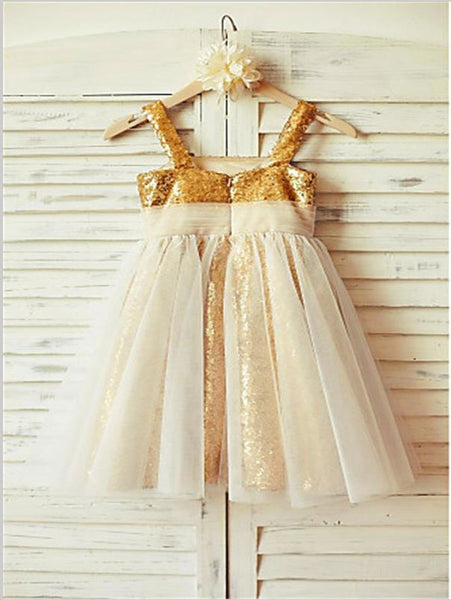 Ruffles Sequins Princess Spaghetti Straps Sleeveless Flower Girl Dresses Floor Length Dress