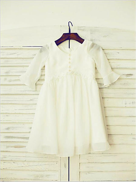 Ruffles Chiffon Princess Scoop Long Sleeves Flower Girl Dresses Floor Length Dress