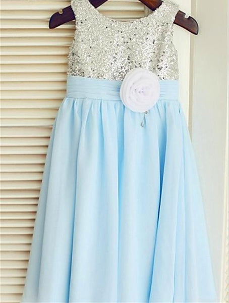 Sequin Chiffon Princess Scoop Sleeveless Flower Girl Dresses Floor Length Dress