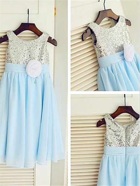 Sequin Chiffon Princess Scoop Sleeveless Flower Girl Dresses Floor Length Dress