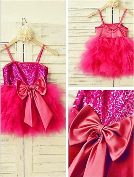 Sequin Princess Spaghetti Straps Flower Girl Dresses Tea Length Dress With Bowknot