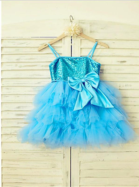 Sequin Princess Spaghetti Straps Flower Girl Dresses Tea Length Dress With Bowknot