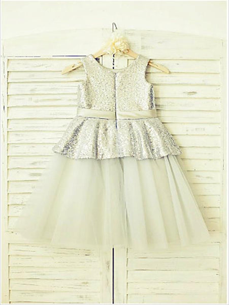 Sequin Tulle Princess Sleeveless Scoop Flower Girl Dresses Floor Length Dress