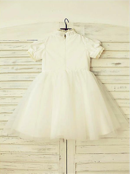 Lace Tulle Princess High Neck Short Sleeves Flower Girl Dresses Tea Length Dress