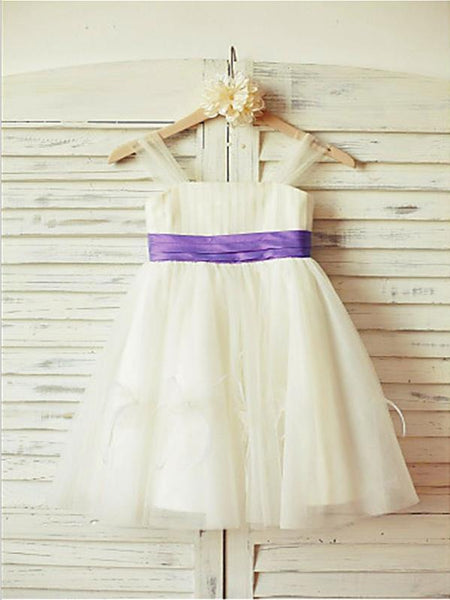 Ruffles Tulle Princess Straps Sleeveless Flower Girl Dresses Floor Length Dress