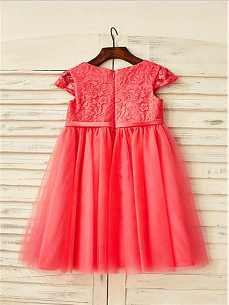 Lace Tulle Princess Scoop Short Sleeves Flower Girl Dresses Tea Length Dress