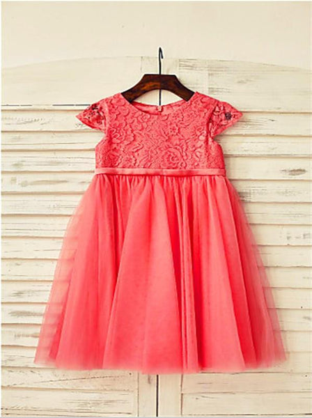 Lace Tulle Princess Scoop Short Sleeves Flower Girl Dresses Tea Length Dress