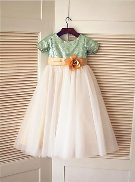 Sequin Tulle Princess Short Sleeves Scoop Flower Girl Dresses Tea Length Dress