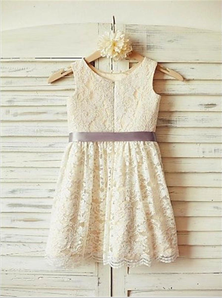 Lace Princess Scoop Sleeveless Flower Girl Dresses Tea Length With Bowknot