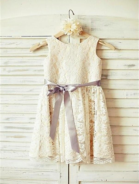 Lace Princess Scoop Sleeveless Flower Girl Dresses Tea Length With Bowknot
