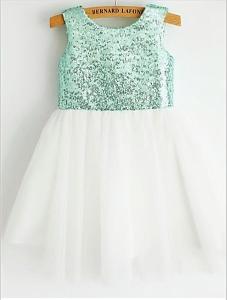 Sequin Tulle Princess Scoop Sleeveless Flower Girl Dresses Tea Length Dress