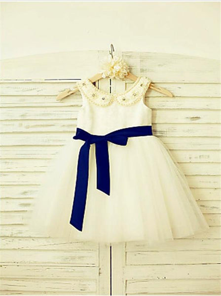 Tulle Princess Scoop Sleeveless Flower Girl Dresses Tea Length Dress With Bowknot