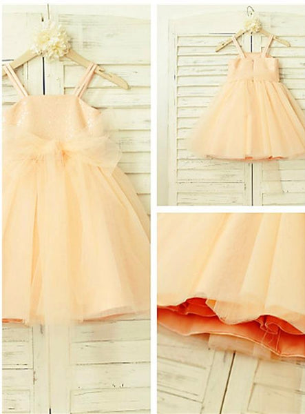 Tulle Princess Spaghetti Straps Sleeveless Flower Girl Dresses Tea-Length Dress
