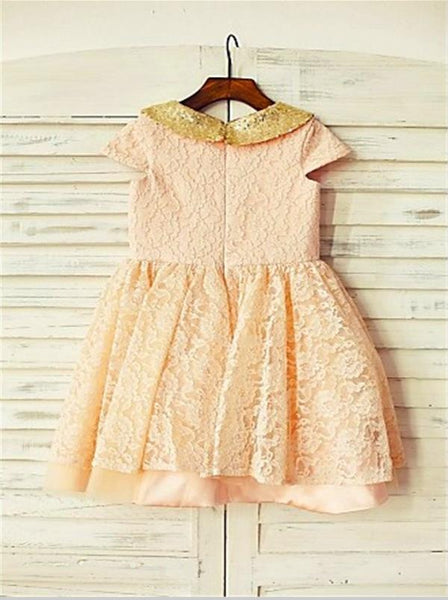 Sequin Lace Princess Short Sleeves Scoop Flower Girl Dresses Tea Length Dress