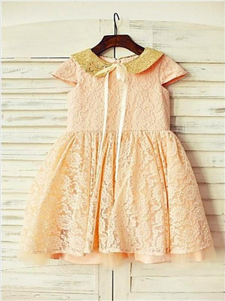 Sequin Lace Princess Short Sleeves Scoop Flower Girl Dresses Tea Length Dress