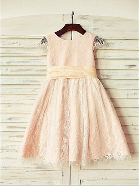 Lace Princess Scoop Short Sleeves Flower Girl Dresses Floor Length Dress