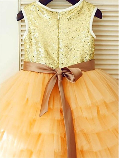 Princess Sequin Tulle Sleeveless Flower Girl Dresses With Hand-Made Flower