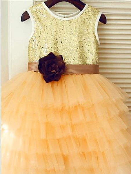 Princess Sequin Tulle Sleeveless Flower Girl Dresses With Hand-Made Flower