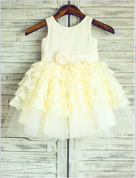 Lace Scoop Sleeveless Flower Girl Dresses Tea Length Ball Gown