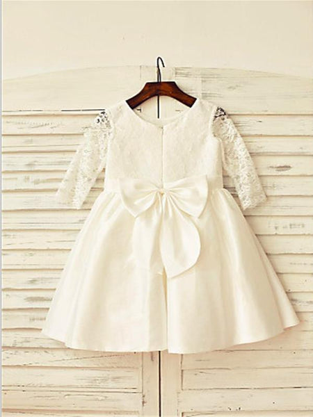 Lace Satin Long Sleeves Flower Girl Dresses Tea Length With Lace Satin