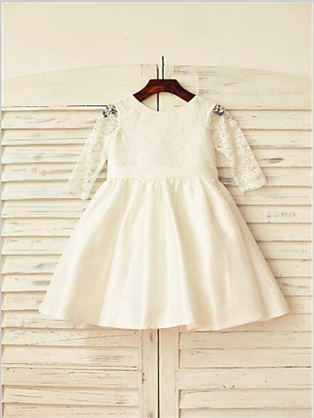 Lace Satin Long Sleeves Flower Girl Dresses Tea Length With Lace Satin