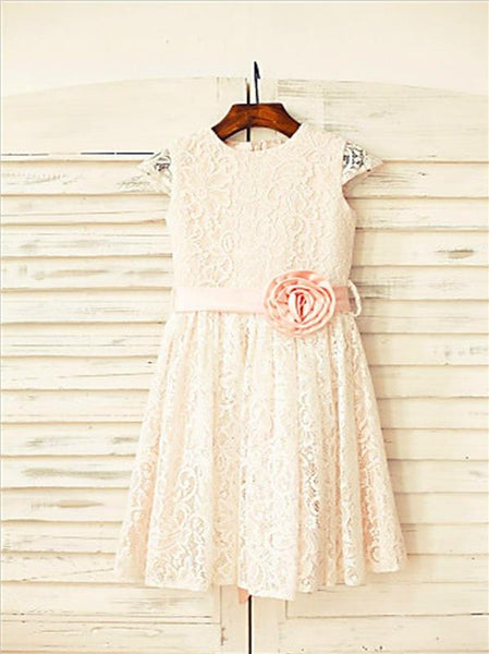 Lace Princess Scoop Short Sleeves Flower Girl Dresses Floor Length With Hand-made Flower