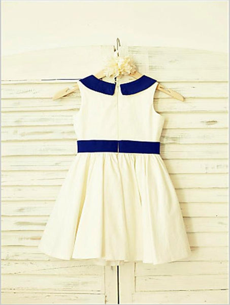 Satin Princess Scoop Sleeveless Flower Girl Dresses Tea Length Dress With Hand-made Flower