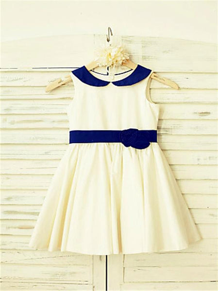 Satin Princess Scoop Sleeveless Flower Girl Dresses Tea Length Dress With Hand-made Flower