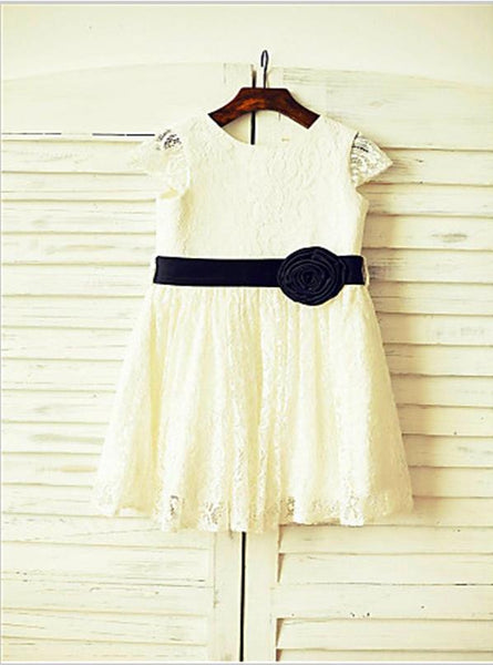 Lace Princess Scoop Short Sleeves Flower Girl Dresses Tea Length Dress Hand-made Flower