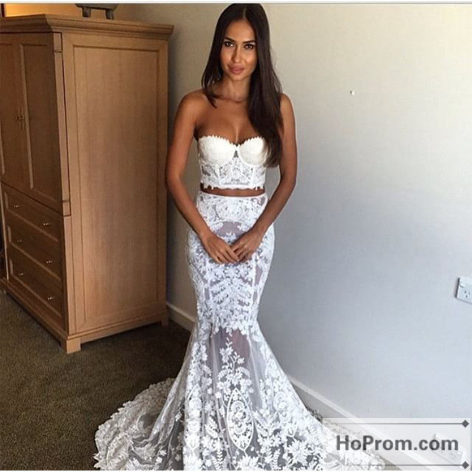 Two Piece White Mermaid Lace Prom Dresses Evening Dresses Hoprom Two Piece White Mermaid Lace Prom Dresses Evening Dresses Hoprom