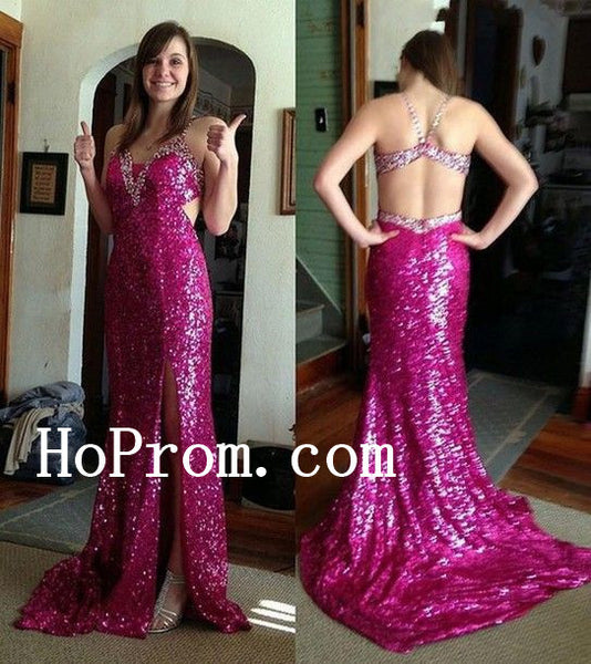 Pink Sequin Prom Dresses,Backless Prom Dress,Evening Dress