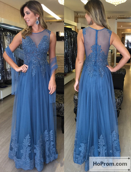 Sleeveless Blue Applique Beaded Prom Dress Evening Dresses