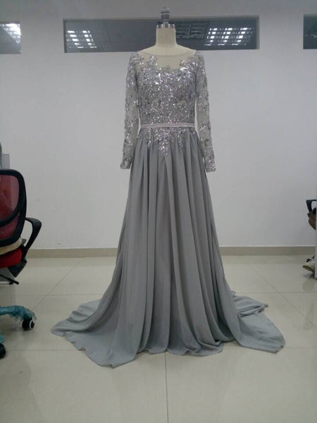 Beading Grey Prom Dresses,Long Sleeve Prom Dress,Evening Dress