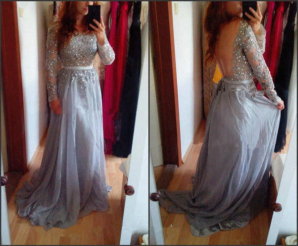 V-Backless Prom Dresses,Grey Prom Dress,Evening Dress