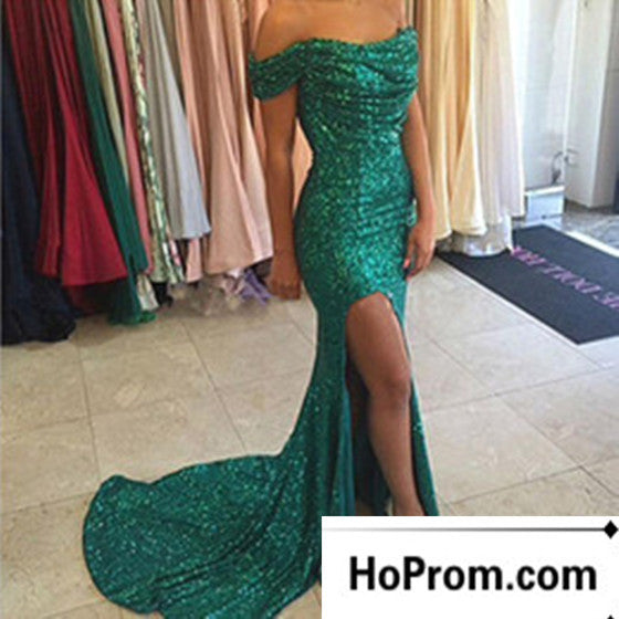 Off Shoulder Green Sequins Prom Dress Evening Dresses