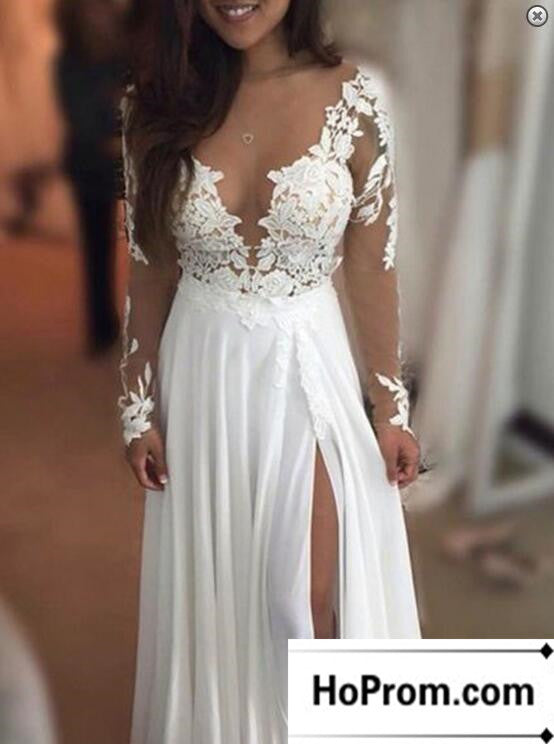 Long Sleeve White Lace Prom Dress Evening Dresses
