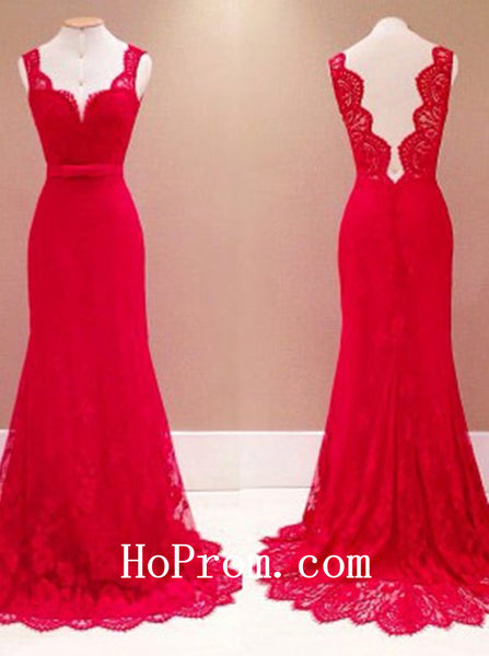 Lace Prom Dresses,Red Prom Dress,Backless Evening Dress