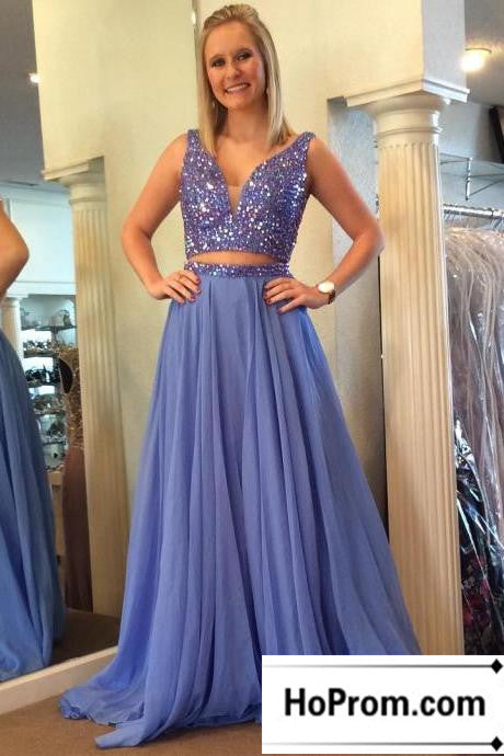 Lavender Chiffon Beaded Two Piece Prom Dress Evening Dresses