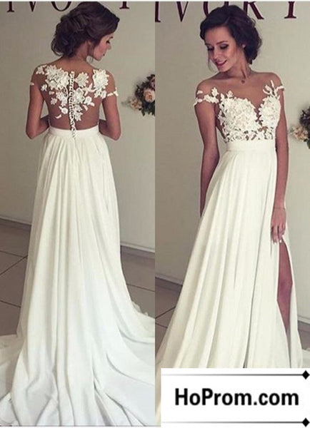 Short Sleeve A-Line White Prom Dress Evening Dresses