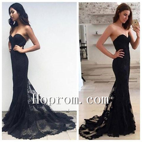 2020 Strapless Mermaid Black Lace Prom Dress Evening Dresses