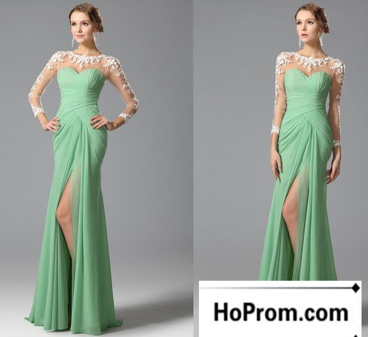 Long Sleeve Lace Chiffon Green Prom Dress Evening Dresses