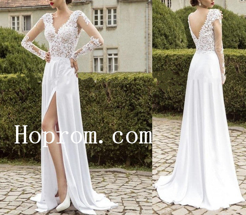 Lace Chiffon Wedding Dresses,White A-Line Prom Dress,Evening Dress