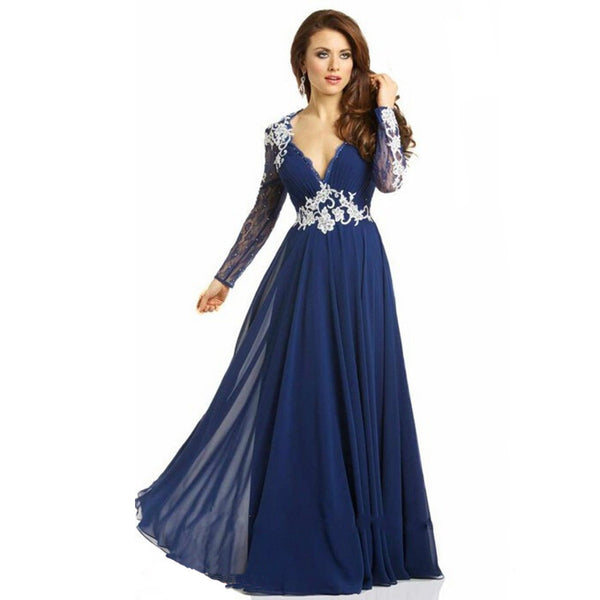 V-Neck Prom Dresses,Long Sleeve Prom Dress,Evening Dress