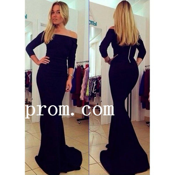 Simple Black Prom Dresses,Long Sleeve Prom Dress,Evening Dress