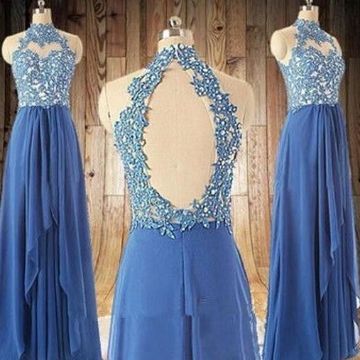 Blue Halter Prom Dresses Blue Long Prom Dress Lace Evening Dress